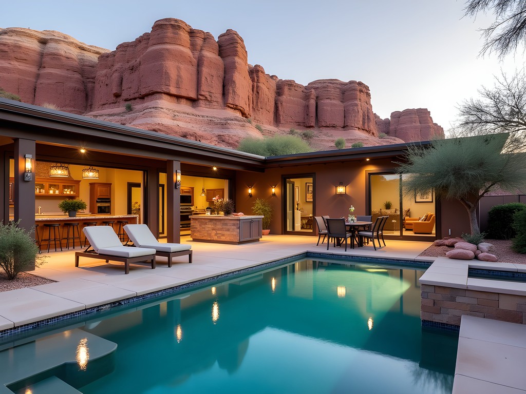 Family vacation rental with pool in St. George with red rock formations in background at sunset