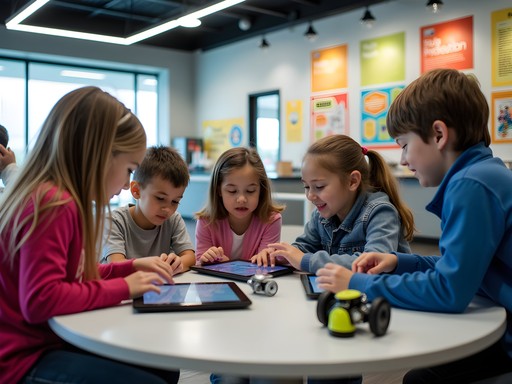 Children engaged with interactive robotics exhibit at Sterling Heights Velocity Center