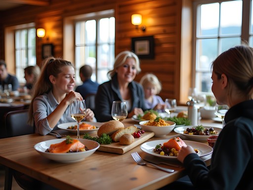 Family enjoying traditional Norwegian food at a restaurant in Trondheim's historic district