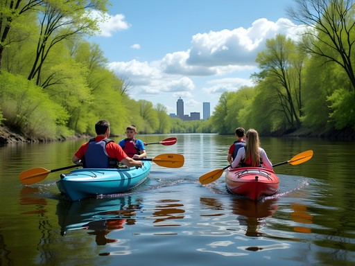 Family kayaking on the Black Warrior River in Tuscaloosa during spring