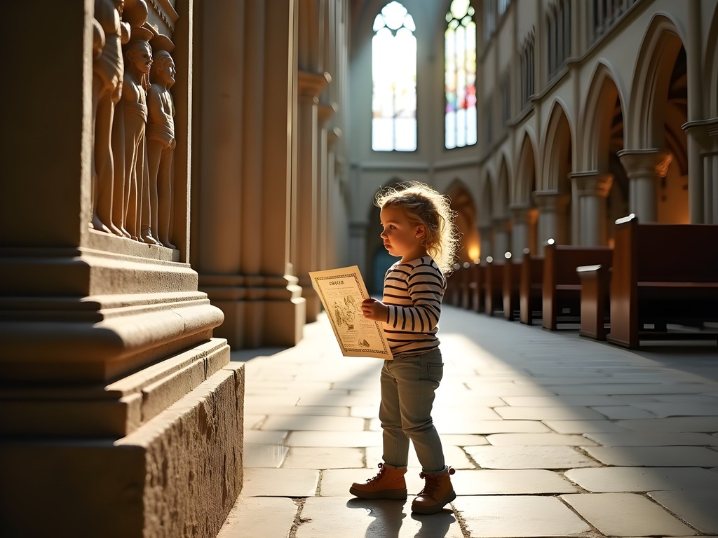 Family exploring Uppsala Cathedral with children following treasure hunt clues