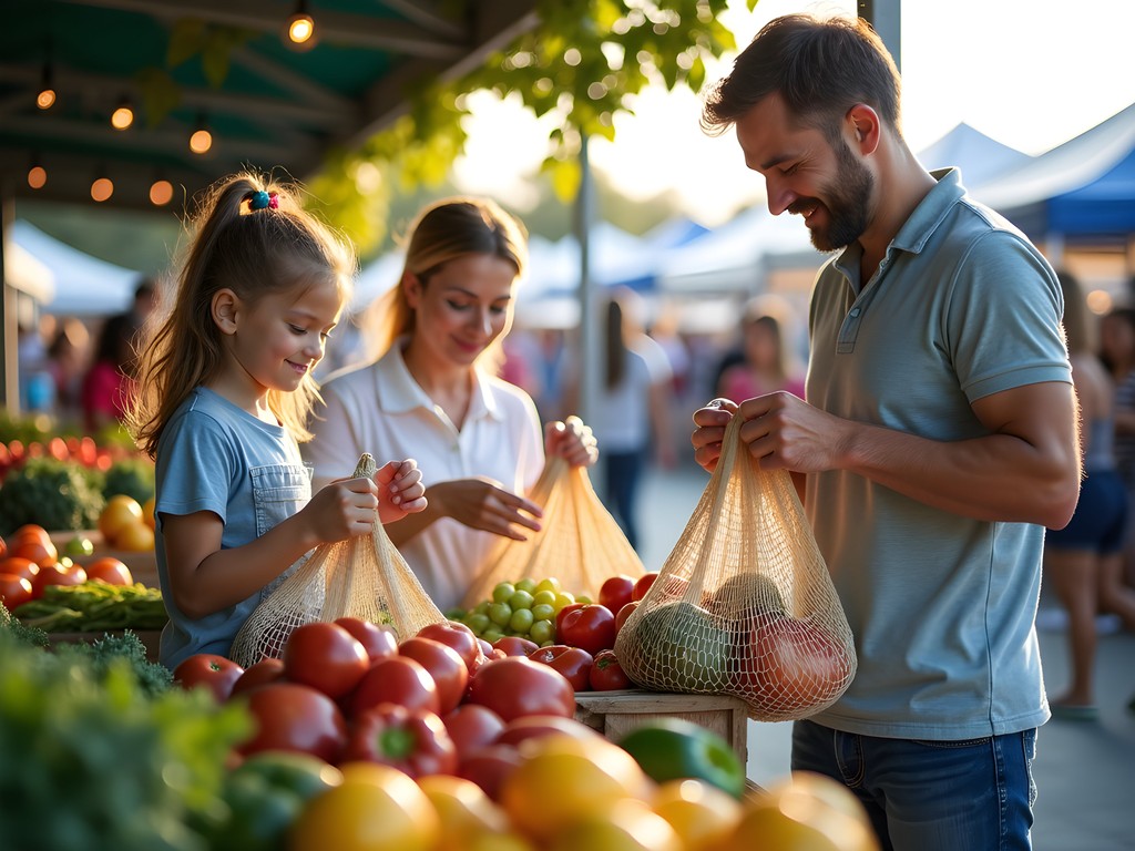 Family shopping with reusable produce bags at Old Beach Farmers Market