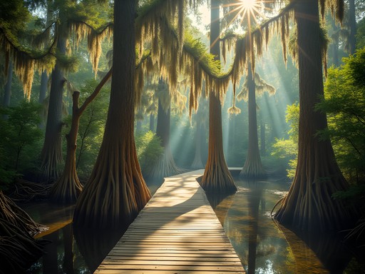 Mystical cypress trees with knees emerging from water at First Landing State Park