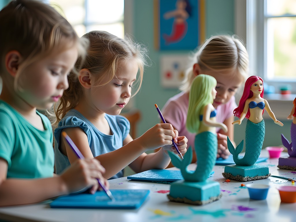 Family painting colorful mermaid sculptures at Mermaid Factory in Virginia Beach
