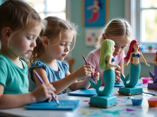 Family painting colorful mermaid sculptures at Mermaid Factory in Virginia Beach