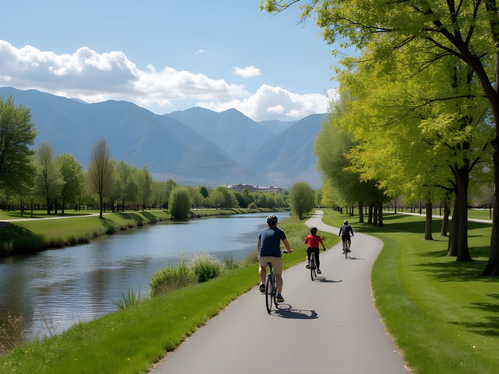 Family cycling along the scenic Jordan River Parkway Trail in West Valley City