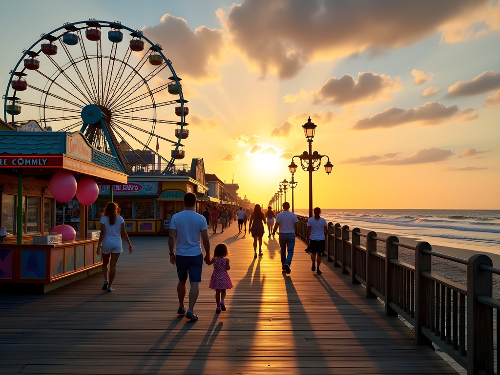 Family enjoying Carolina Beach boardwalk at sunset with amusement rides