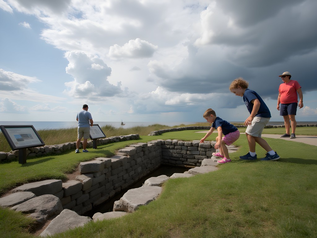 Family exploring the historic Fort Fisher earthworks with ocean in background