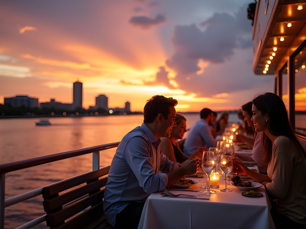 Family enjoying sunset dinner cruise on Cape Fear River with Wilmington skyline