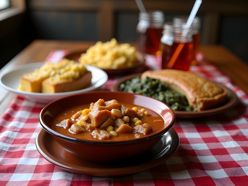 Traditional Southern food spread including Brunswick stew, collard greens, and cornbread in Albany, Georgia