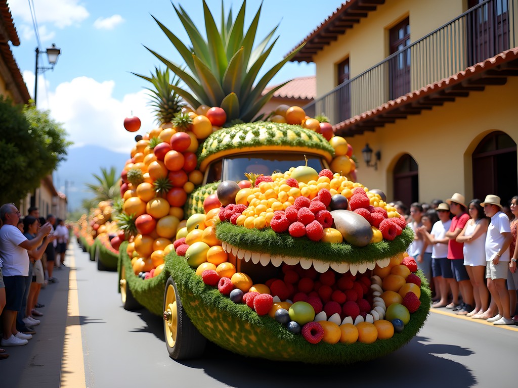 Colorful fruit and flower parade floats at Ambato's Fruit Festival
