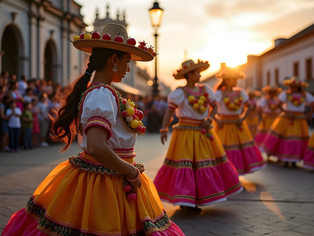 Traditional Ecuadorian dancers in fruit-adorned costumes performing at Ambato's festival