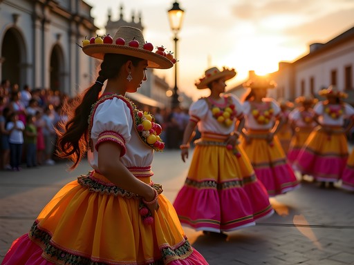 Traditional Ecuadorian dancers in fruit-adorned costumes performing at Ambato's festival