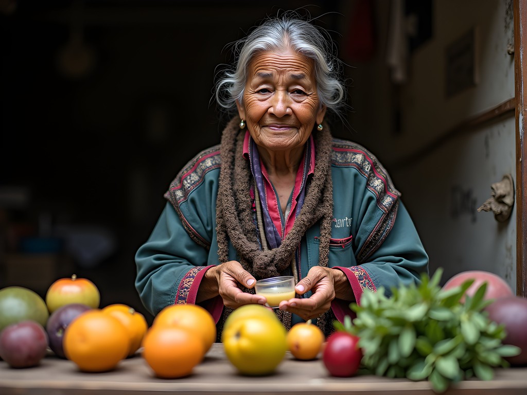 Indigenous healer demonstrating traditional fruit-based remedies in Ambato
