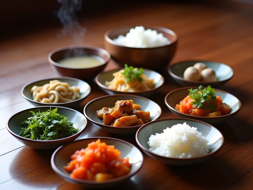 Traditional Korean Buddhist temple food spread with seasonal vegetables and rice
