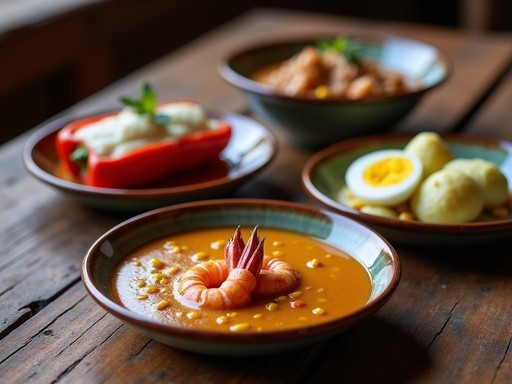 Traditional presentation of Arequipa's three classic dishes: rocoto relleno, chupe de camarones, and ocopa