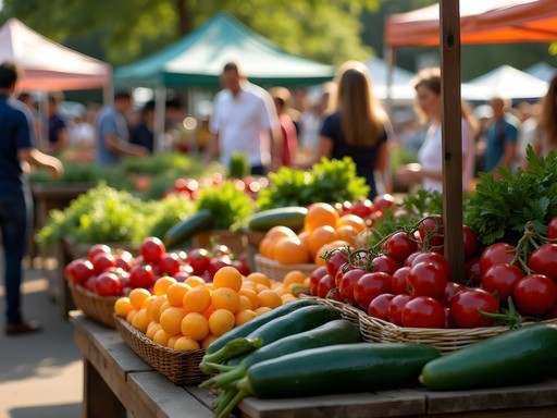 Colorful display of fresh local produce at Athens Farmers Market with vendors and shoppers