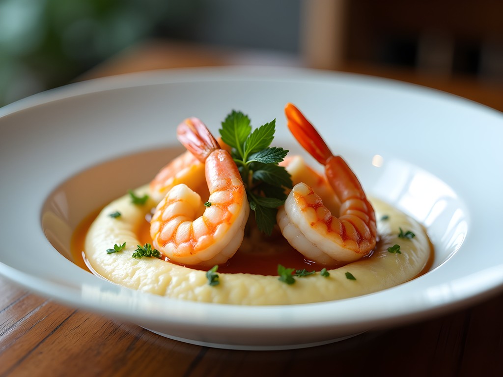 Gourmet shrimp and grits dish with fresh herbs at Five & Ten restaurant in Athens, Georgia