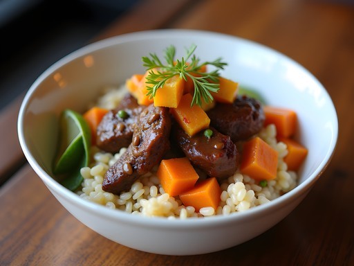 Colorful build-your-own bowl with braised beef, vegetables, and sauces at Maepole restaurant in Athens