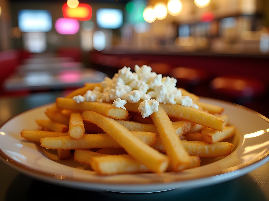 Famous feta fries from The Grill restaurant in Athens, Georgia, served in a classic diner setting