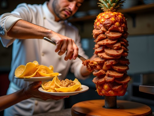 Traditional tacos al pastor being carved from vertical spit at La Quinta de los Reyes in Aurora