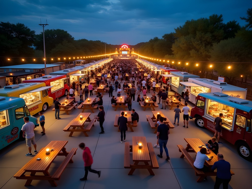 Lively Austin food truck festival with multiple trucks, string lights, and live music