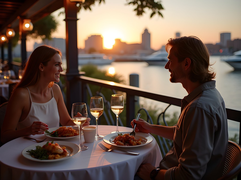 Couple enjoying seafood dinner with sunset views of Baltimore's Inner Harbor