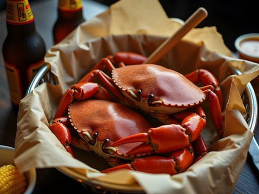 Traditional Maryland crab feast with mallets and Old Bay seasoning