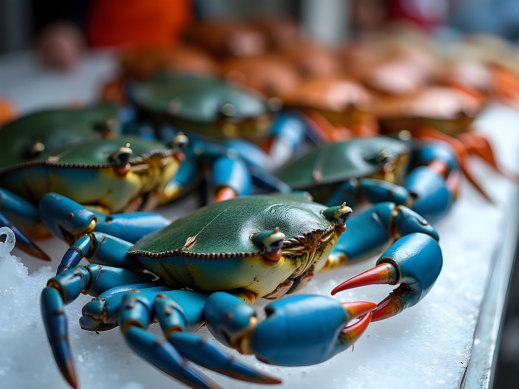 Fresh Maryland blue crabs displayed on ice at a Baltimore seafood market