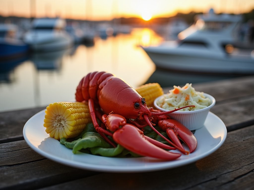 Traditional Maine lobster dinner with all the fixings served on a wooden table overlooking Bar Harbor at sunset