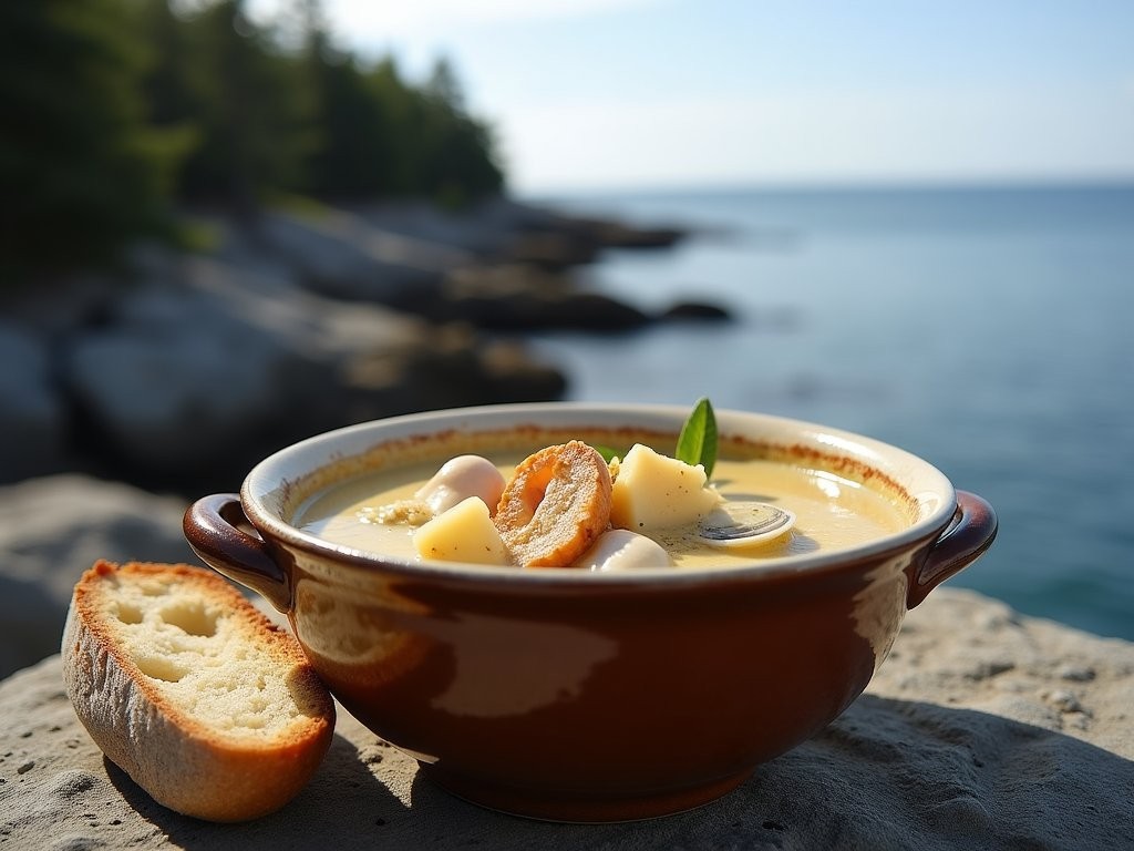 Bowl of seafood chowder with crusty bread on a rocky overlook with view of Acadia National Park coastline