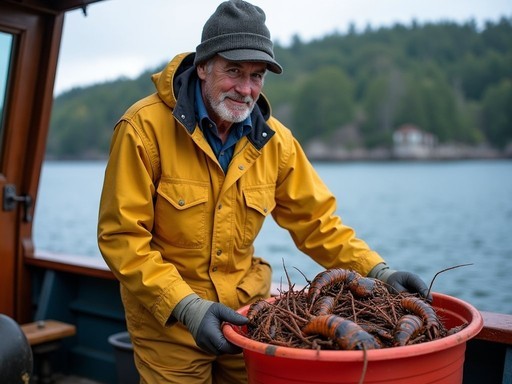 Local fisherman demonstrating sustainable harvesting practices on traditional Maine lobster boat