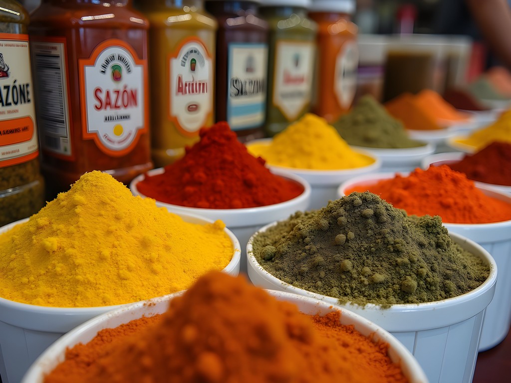 Colorful display of traditional Puerto Rican spices and seasonings at a Bayamón market
