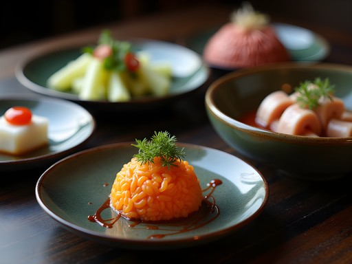 Elegantly presented traditional imperial Chinese cuisine on handmade ceramic plates in Beijing restaurant
