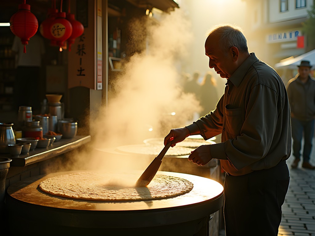 Street food vendor making traditional jianbing breakfast crepes in Beijing morning market
