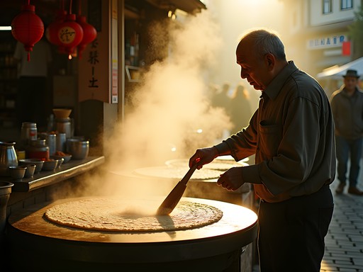 Street food vendor making traditional jianbing breakfast crepes in Beijing morning market