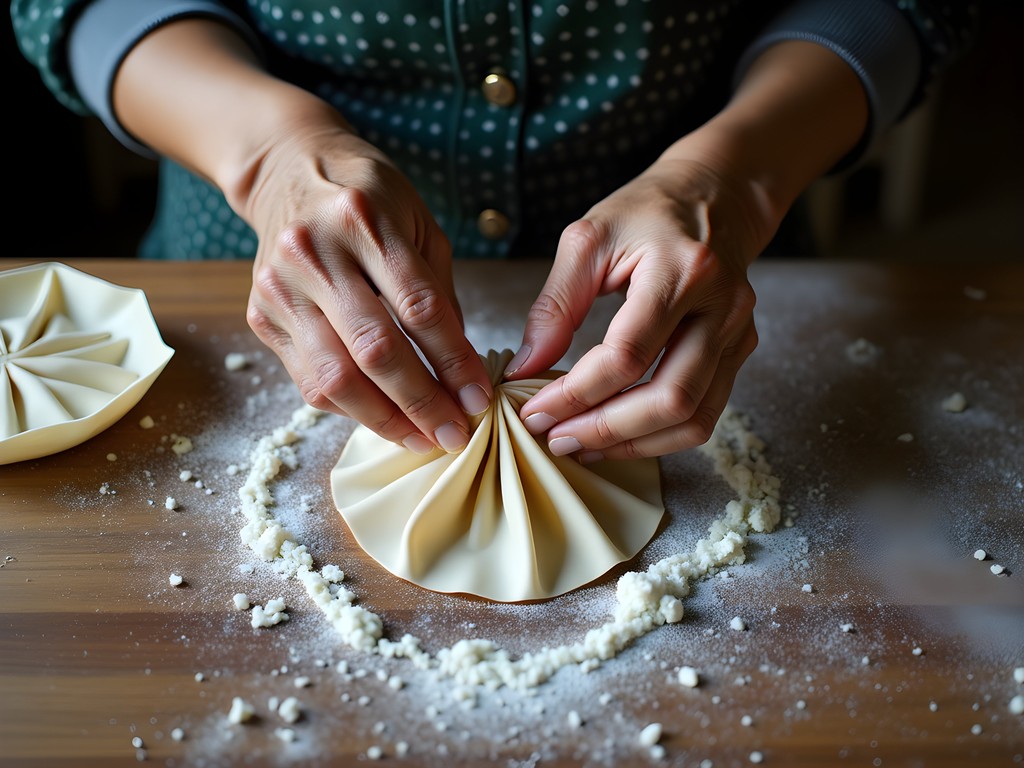 Chinese woman teaching traditional dumpling pleating techniques in small Beijing restaurant