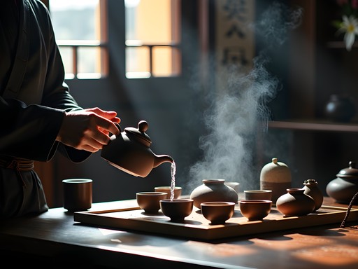 Traditional Chinese tea ceremony with handmade Yixing clay teapots in Beijing tea house