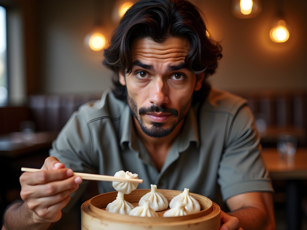 Food blogger examining the structure of xiaolongbao soup dumplings in Beijing restaurant