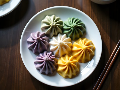 Colorful array of Chinese dumplings with different natural vegetable dyes