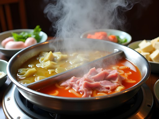 Close-up of hot pot with various ingredients cooking in divided spicy and plain broth