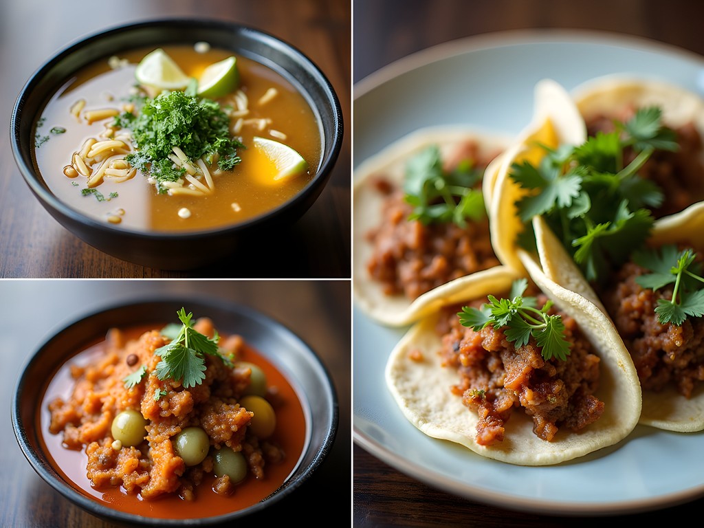 Collage of international dishes available in Bentonville restaurants showing Vietnamese pho, authentic Mexican tacos, and farm-fresh produce