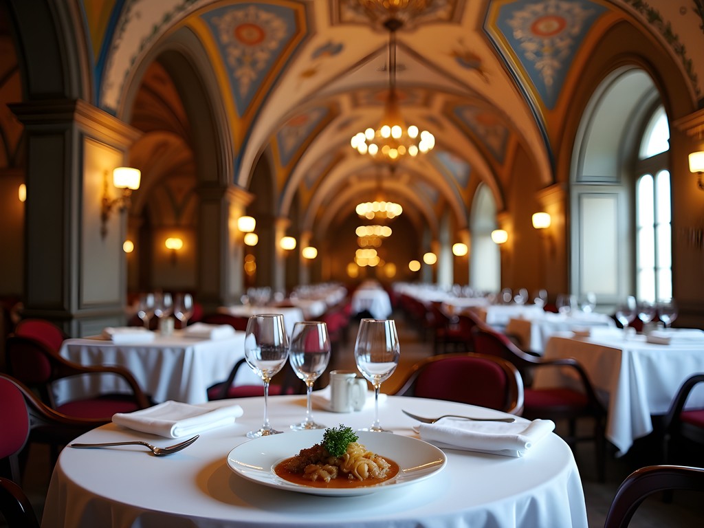 Elegant fine dining at Kornhauskeller restaurant in Bern with baroque ceiling