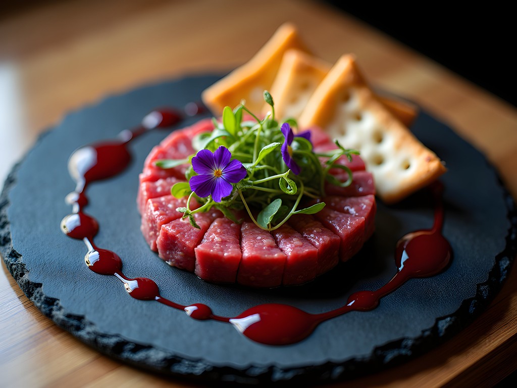 Artfully plated bison tartare with foraged herbs and chokecherry reduction at Butterhorn restaurant in Bismarck