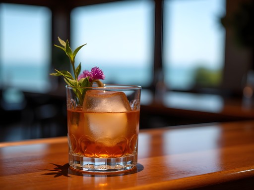 Artisanal craft cocktail with fresh botanicals at upscale Block Island bar with ocean view