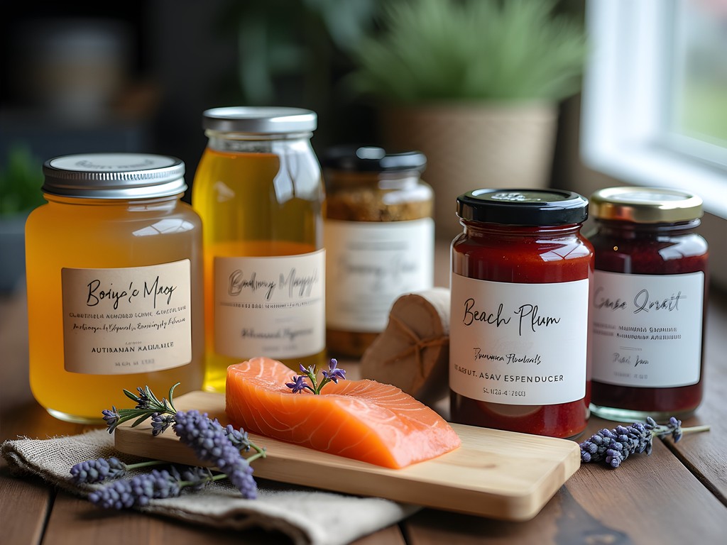 Artisanal Block Island food souvenirs including local honey, smoked seafood, and spice blends