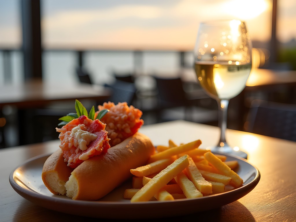 Gourmet lobster roll on brioche bun with ocean sunset view at Block Island restaurant