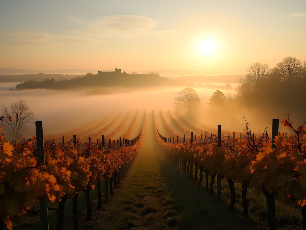 Misty autumn morning over Bordeaux vineyards with golden leaves
