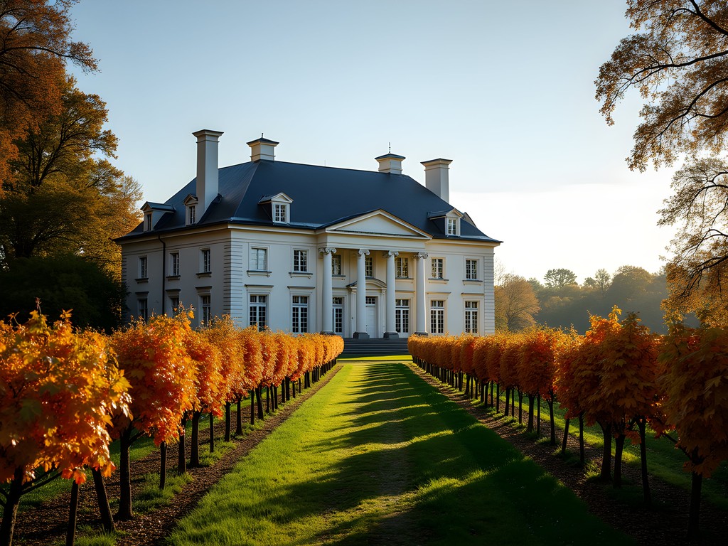 Neoclassical façade of Château Margaux with autumn vineyards