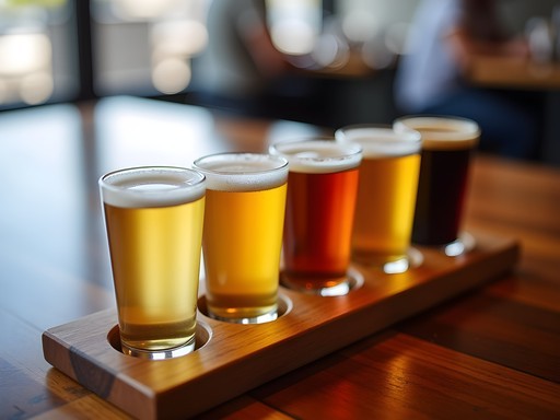 Craft beer tasting flight at Brisbane microbrewery with riverside views